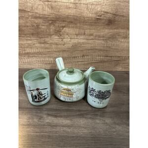 VTG Japanese Tea Set Teapot & 2 Cups Kyoto Kinkakuji Geisha Design Green Ceramic